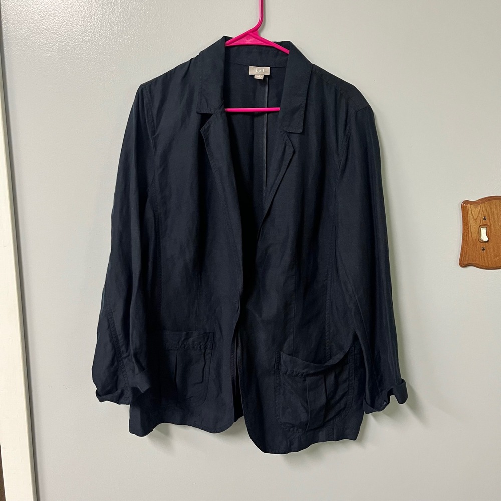 J. Jill Navy Blue Silk Linen Blend‎ Blazer Jacket Cargo Pockets Womens Large